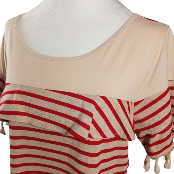 Umgee, Dress, Size Large, Red and Tan Stripes, with Ruffle and Tassel Accents - Picture 6 of 15